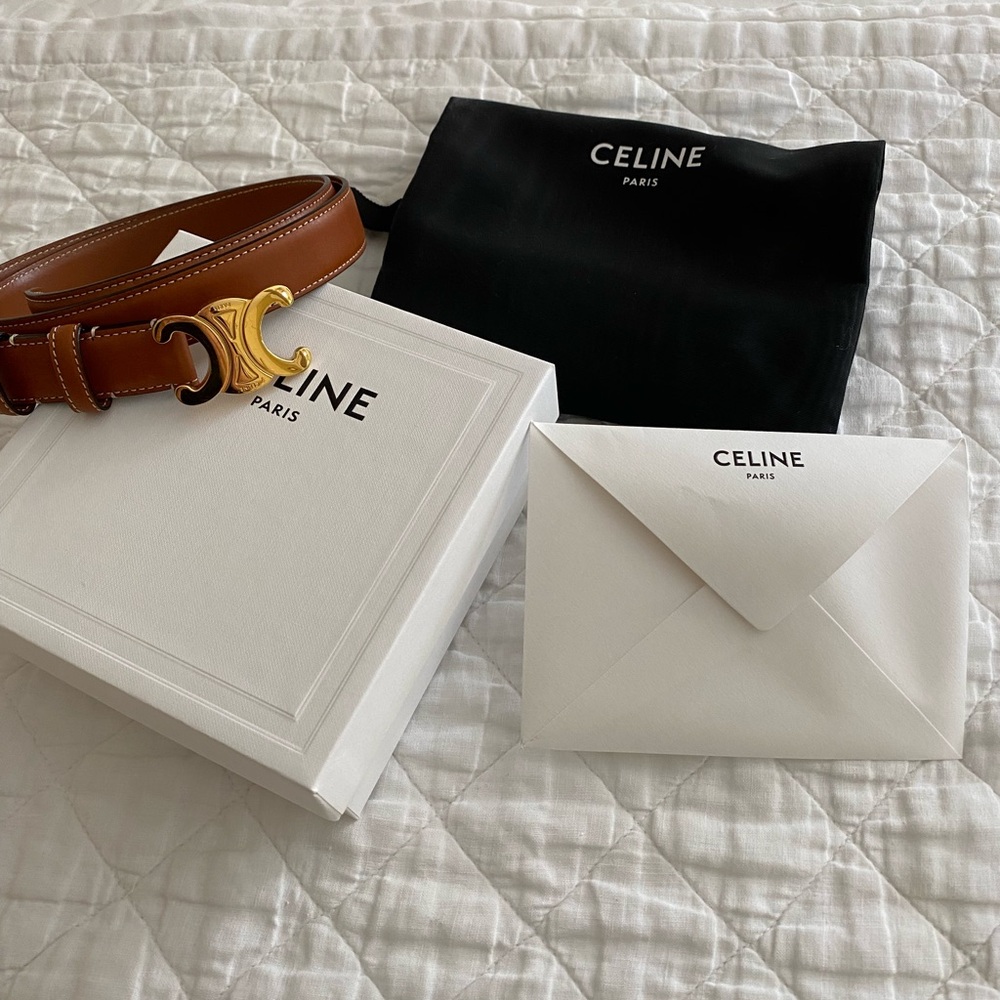 Celine Tan Leather Belt with Gold Logo